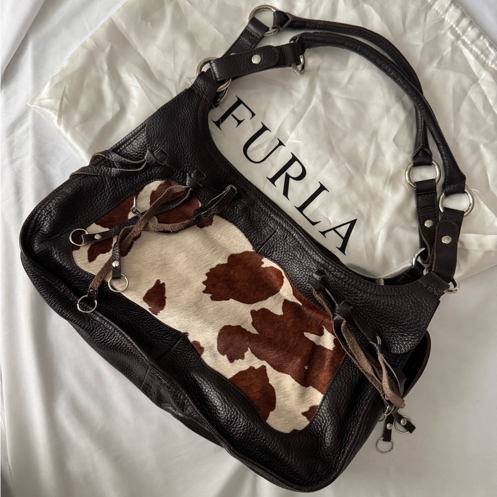Furla Brown and White Shoulder Bag with Cow Print - LIKE NEW